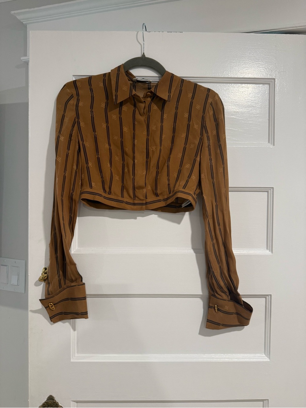Authentic Fendi Silk Cropped Brown Striped Button-Up Shirt